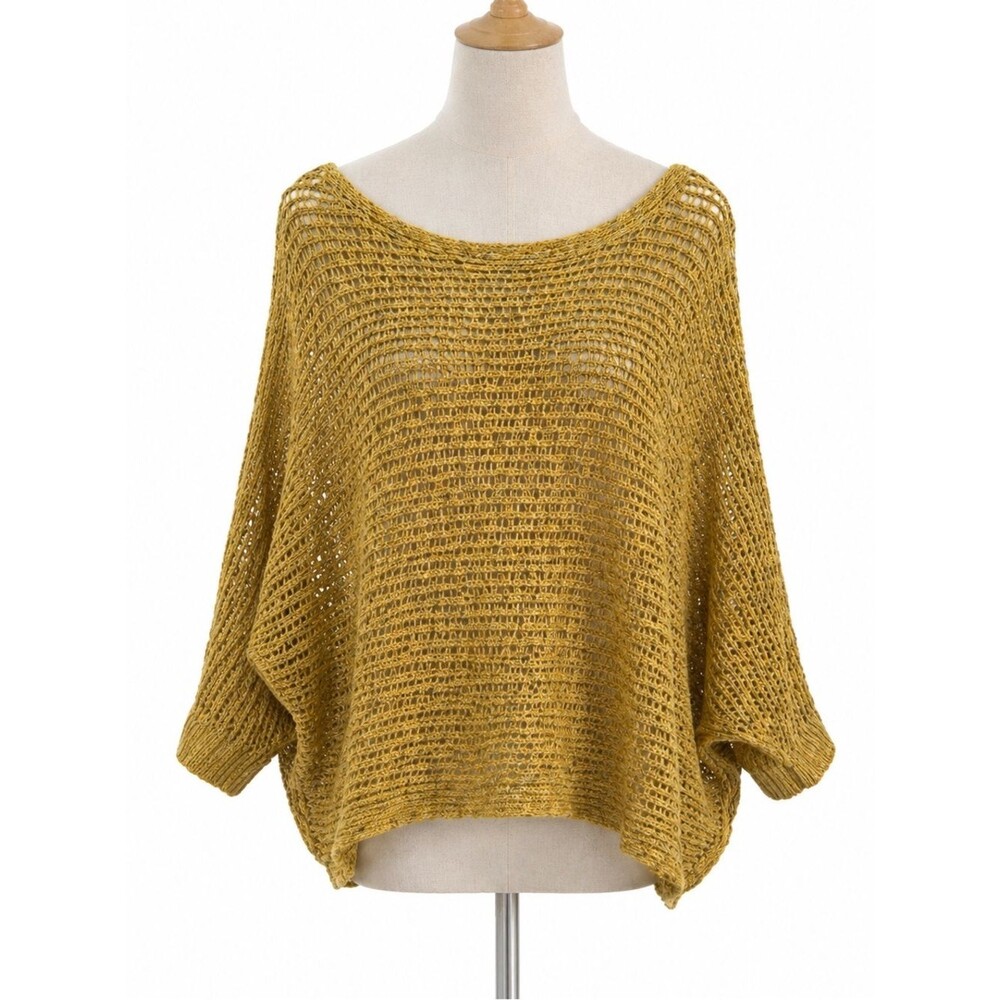 Puff & Bear Yellow Knit Oversized Boho Coastal Top Overlay Poncho M/L Sheer